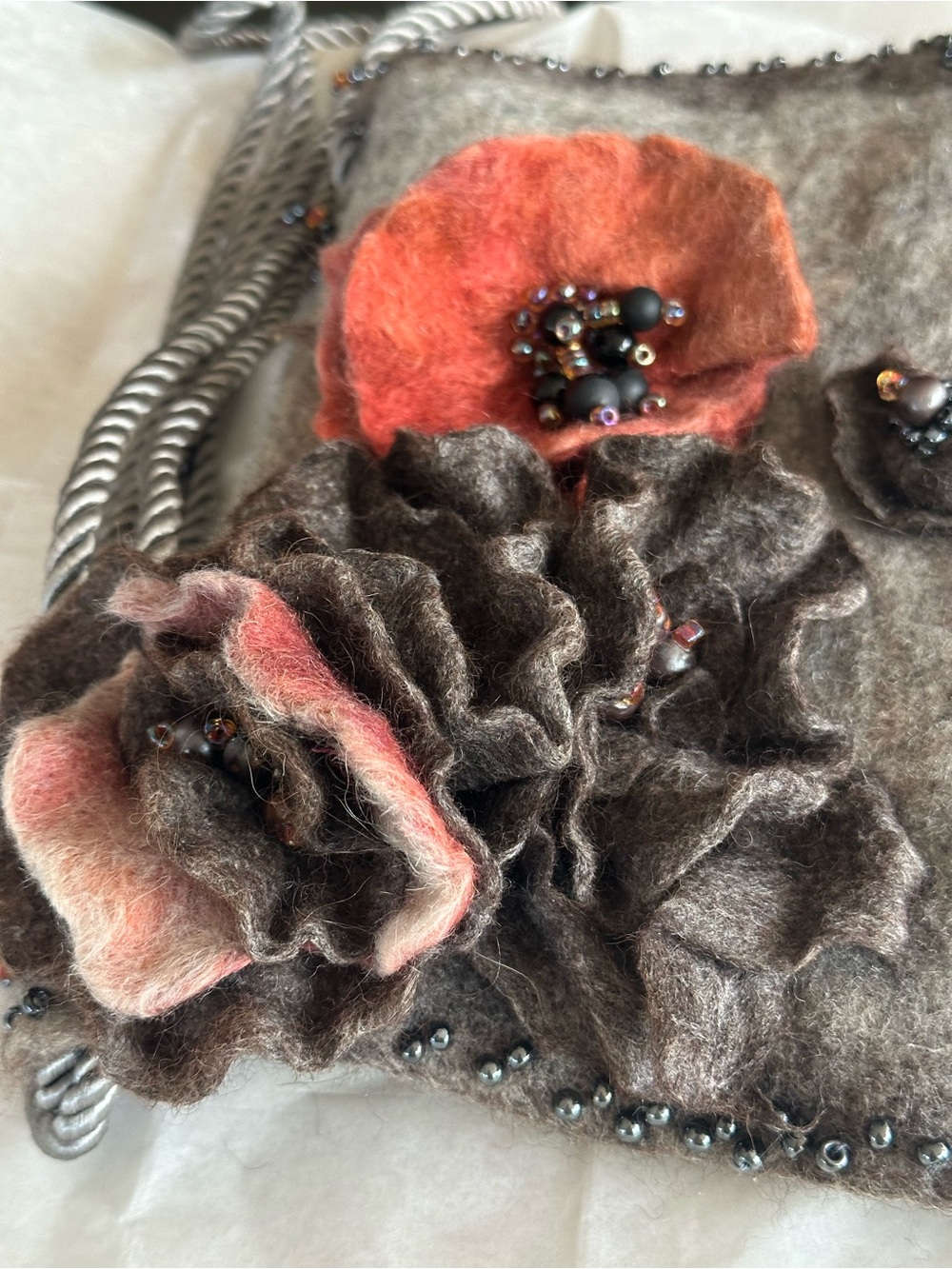 Handcrafted Brown and Coral Felt Shoulder Bag with Floral Appliqué